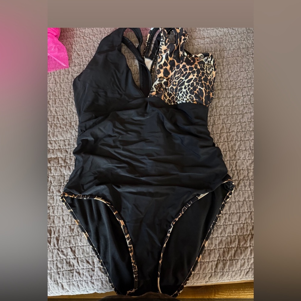 Elegant Black and Leopard Women's One Piece Swimsuit